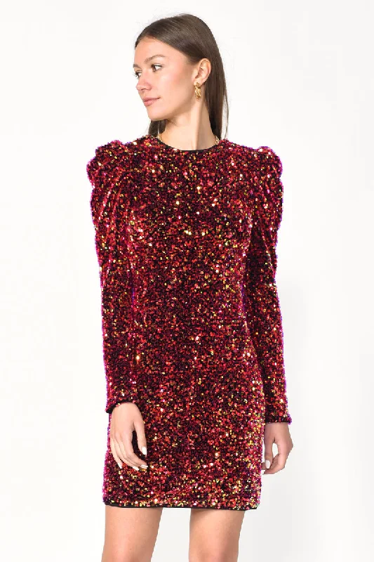 Adelyn Rae Gale Velvet Sequins Puff Sleeve Mini Dress in Raspberry Punch