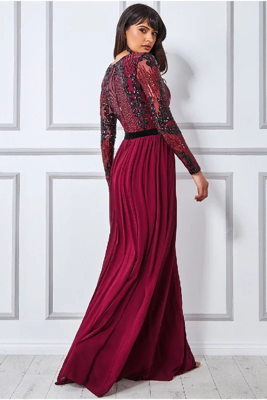 Goddiva Sequin Mesh Bodice Maxi Dress - Wine