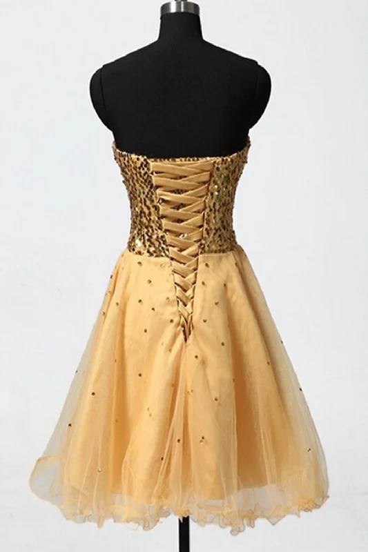 Gold Sweetheart Beaded Backless Back Up Lace Homecoming Dresses ED0679