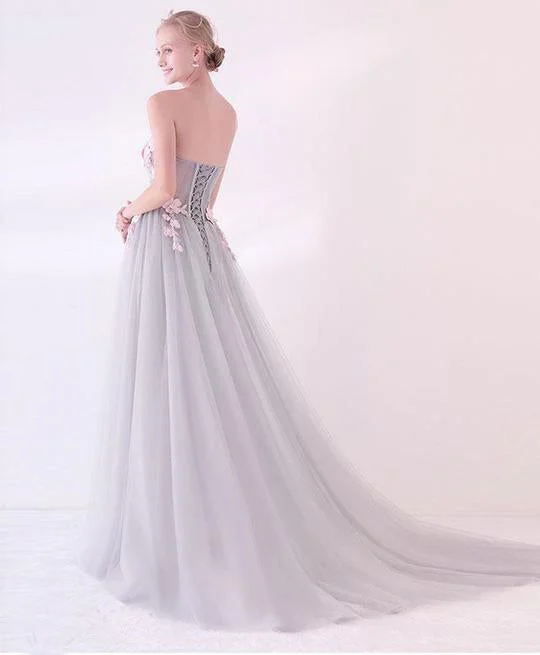 Grey Long Applique Tulle Evening Dresses Sweetheart Formal Prom Dress OK874