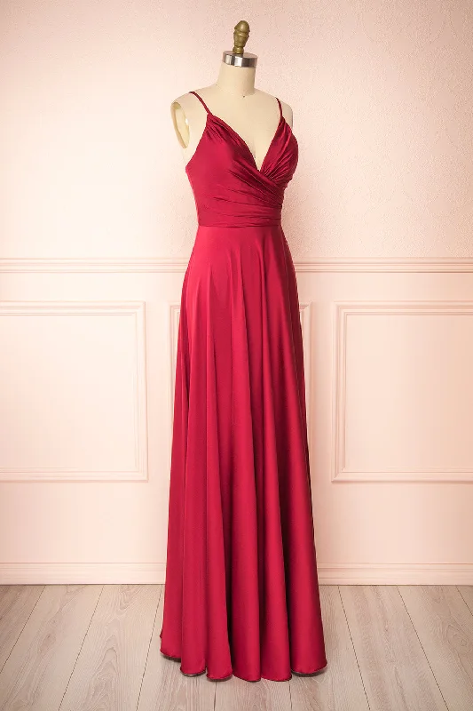 Lizza Burgundy | Satin Maxi Dress w/ Slit