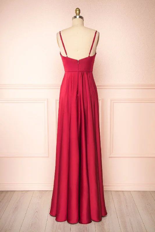 Lizza Burgundy | Satin Maxi Dress w/ Slit