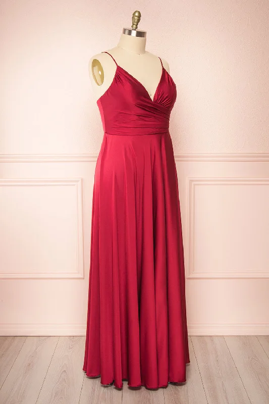 Lizza Burgundy | Satin Maxi Dress w/ Slit