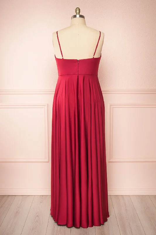 Lizza Burgundy | Satin Maxi Dress w/ Slit