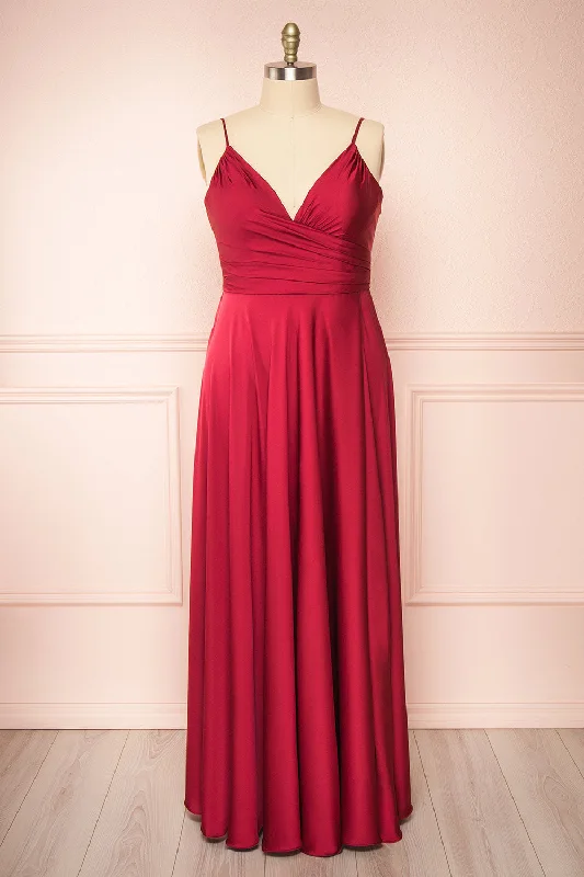 Lizza Burgundy | Satin Maxi Dress w/ Slit