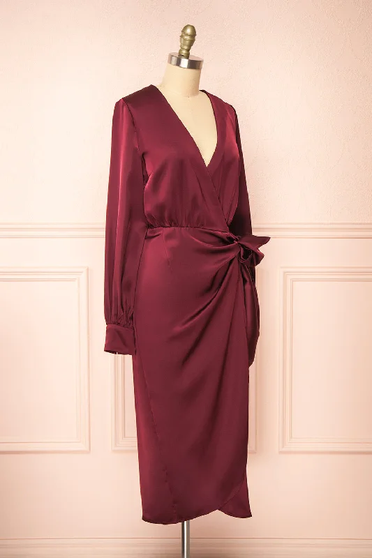 Lunaria Burgundy | Satin Wrap Midi Dress w/ Long Sleeves