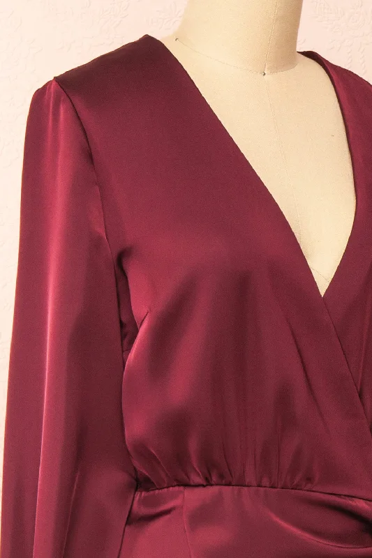 Lunaria Burgundy | Satin Wrap Midi Dress w/ Long Sleeves