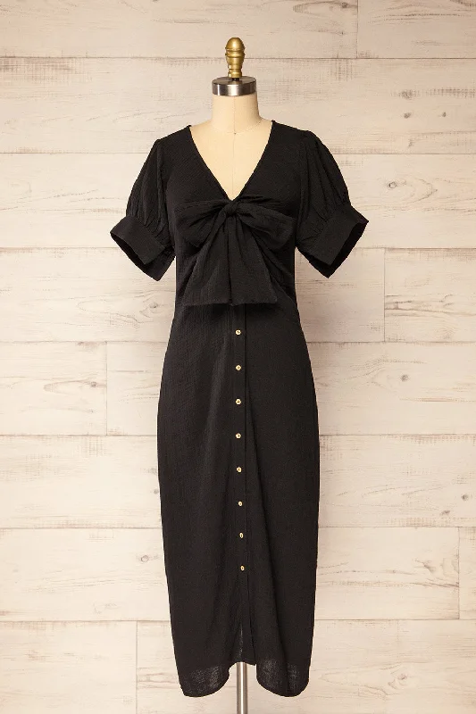 Maelle Black | Midi Shirt Dress w/ Tied Neckline