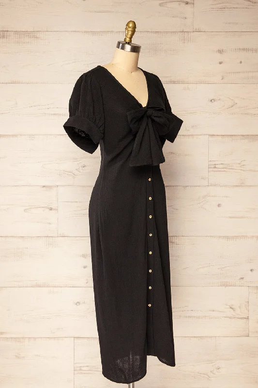 Maelle Black | Midi Shirt Dress w/ Tied Neckline