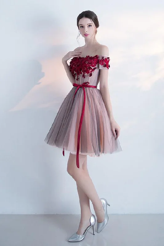 Off Shoulder A Line Sleeveless Homecoming/Cocktail Dresses With Flowers,Short Prom Dress OK291