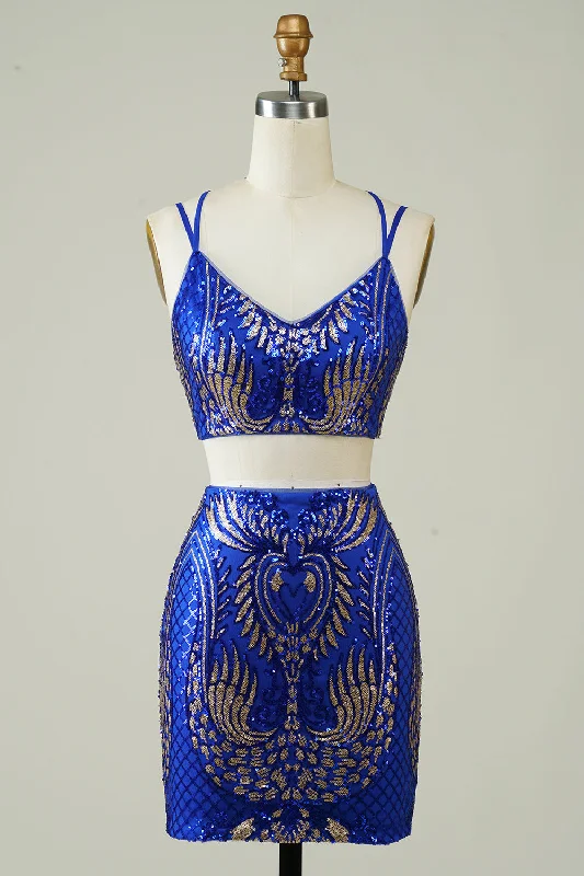 Royal Blue Two Piece Glitter Tight Homecoming Dress