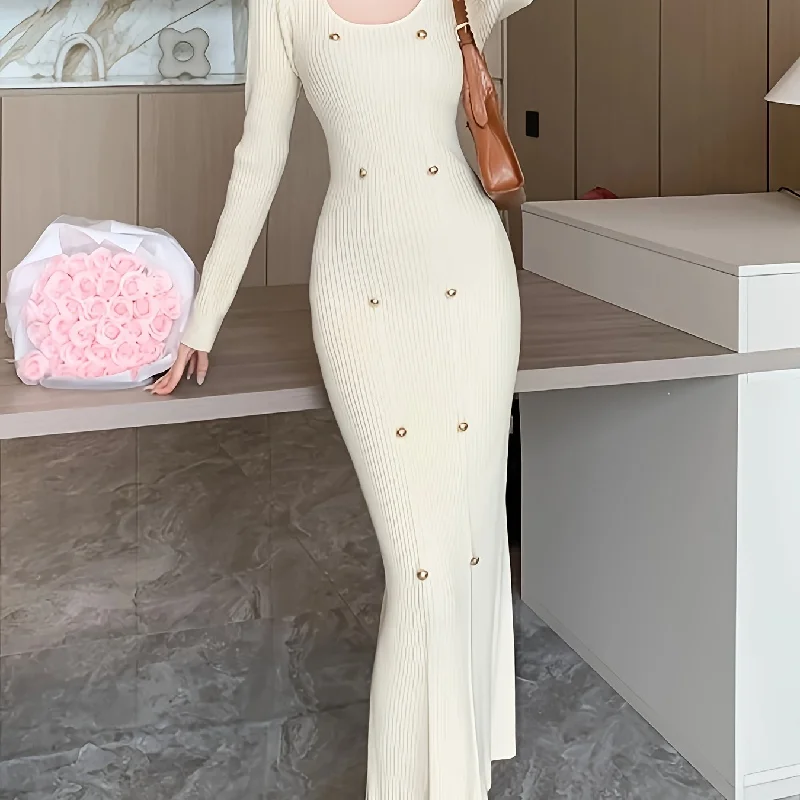 Sixsr Ribbed Slim Solid Dress, Elegant Long Sleeve Dress For Spring & Fall, Women's Clothing