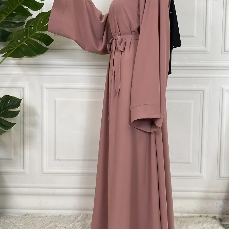 Sixsr Solid Long Sleeve Tie Waist Crew Neck Dress, Elegant Ruffled Hem Maxi Dress, Women's Clothing