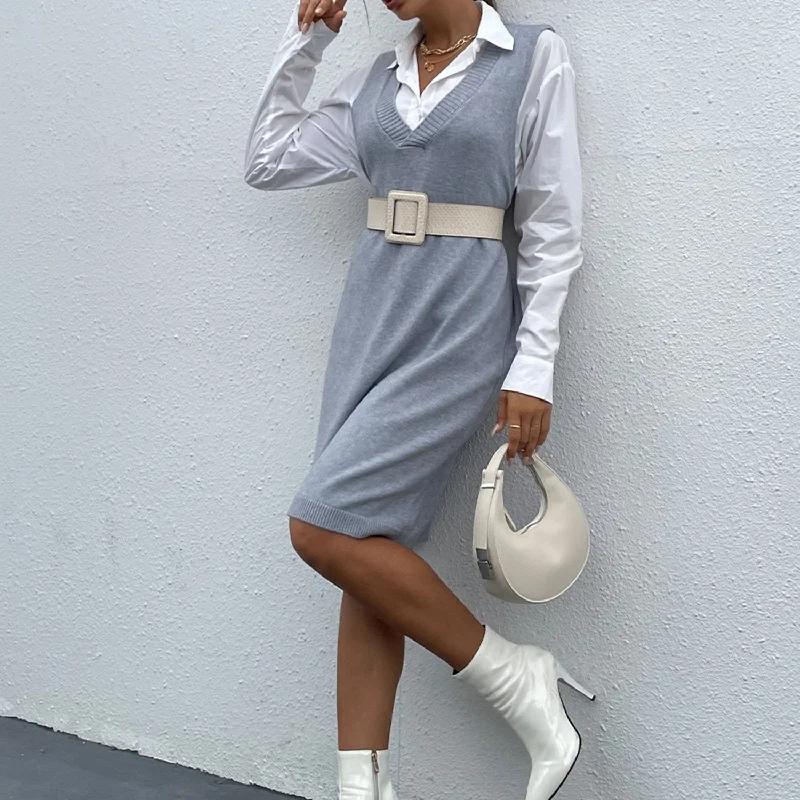 Sixsr Solid V Neck Sweater Dress Without Belt