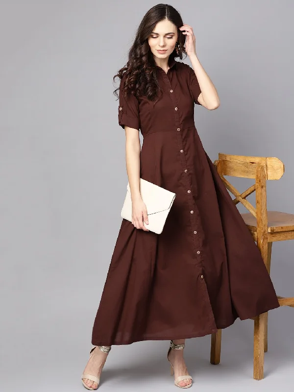 Solid Chocolate Brown Maxi Dress with Shirt Collar & 3/4 sleeves