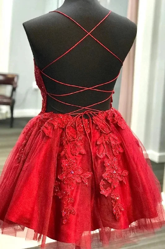 Straps Short Homecoming Dress Lace Appliqued Red Short Prom Dress OKW5