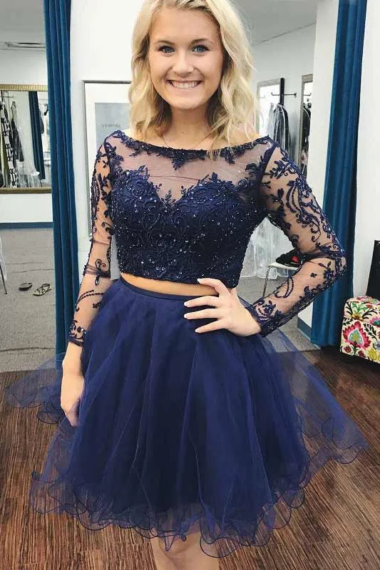 Two Piece Bateau Long Sleeves Dark Blue A Line Tulle Homecoming Dresses OKB79