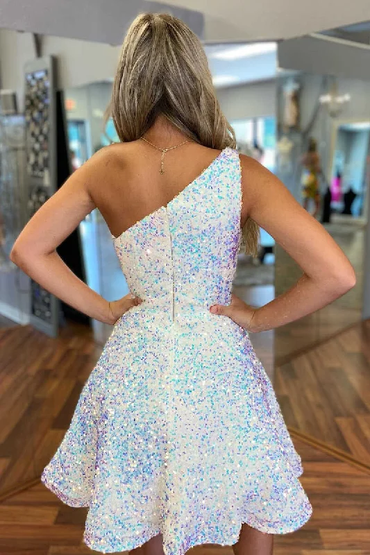 White Iridescent Sequin One-Shoulder A-Line Short Homecoming Dress OK1529