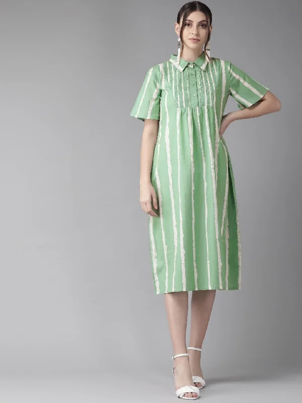 Women's  Green & White Striped Shirt Dress - AKS