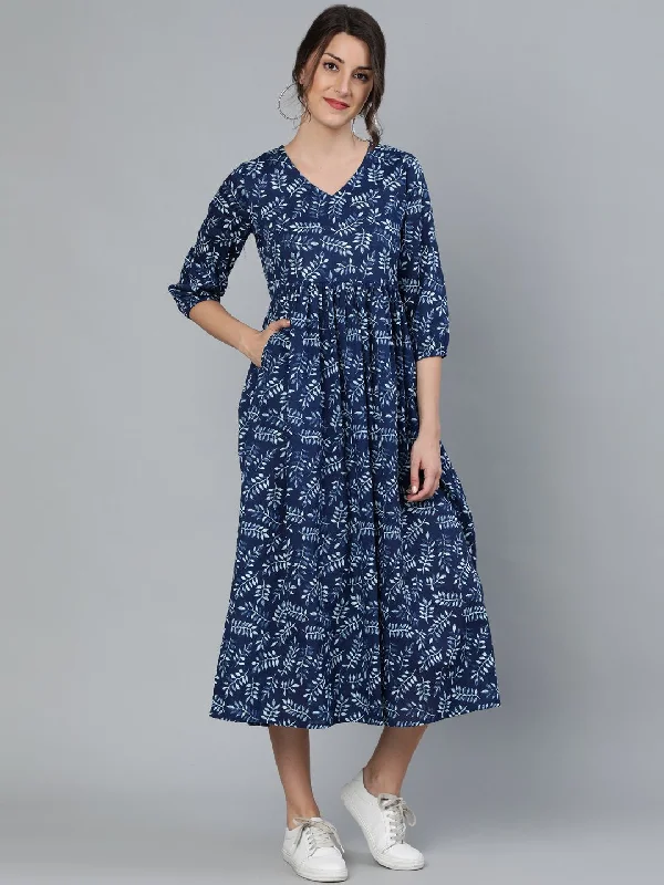 Women's Indigo Blue Printed Dress With Three Quarter Sleeves - Nayo Clothing