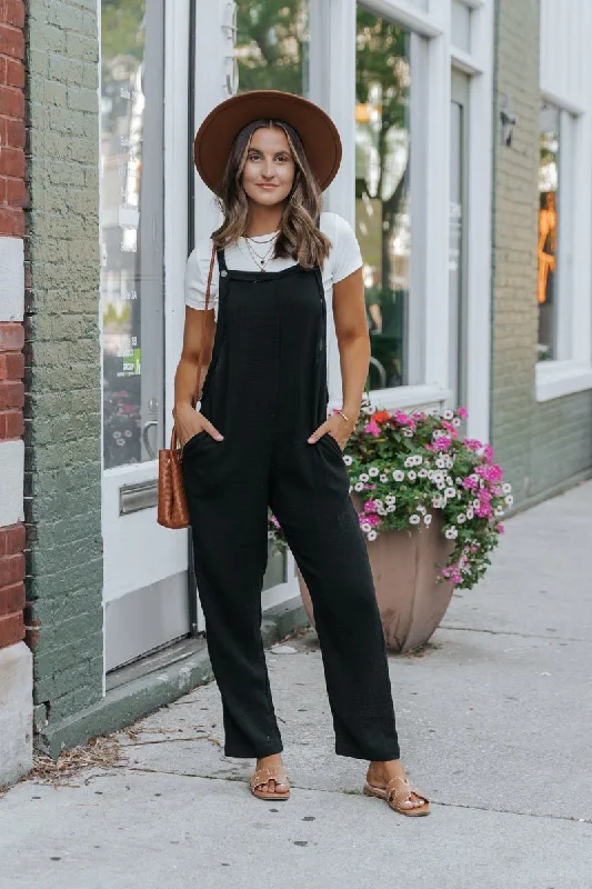 Black Seam Detail Crinkle Cotton Overalls - FINAL SALE