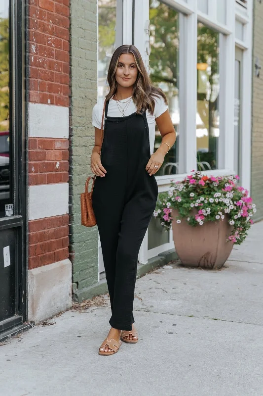 Black Seam Detail Crinkle Cotton Overalls - FINAL SALE