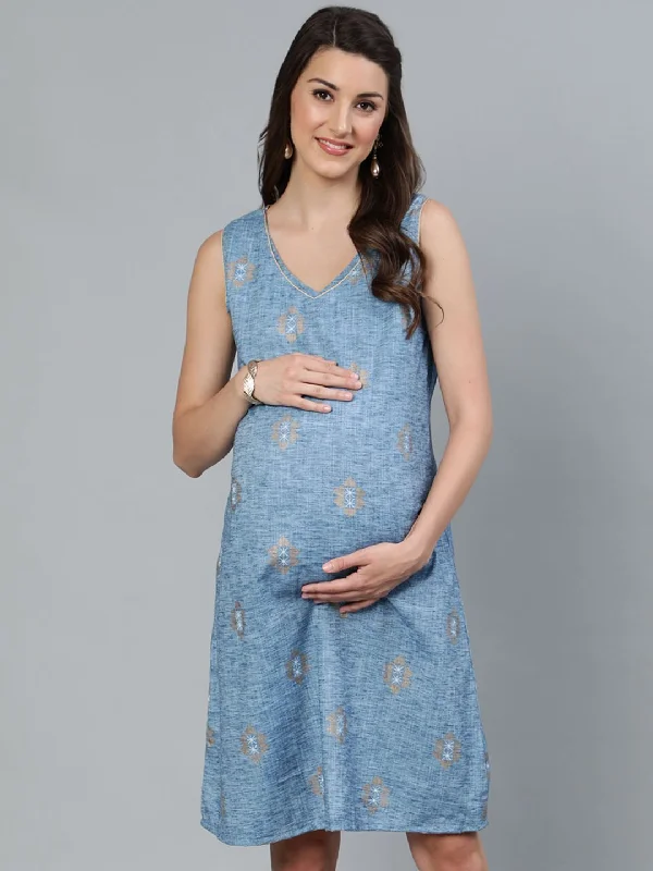 Women's Blue Gold Printed Maternity Dress - AKS