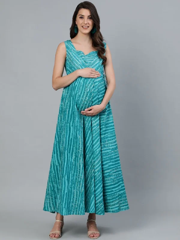 Women's Blue Printed Maternity Maxi Dress - AKS