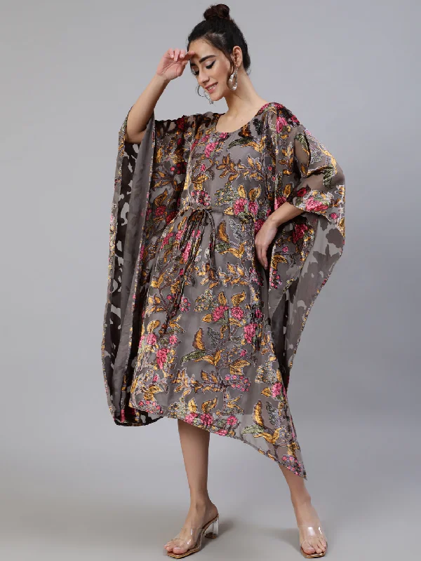 Women's Grey Floral Print Kaftan Dress with Waist Tie-Up - Aks