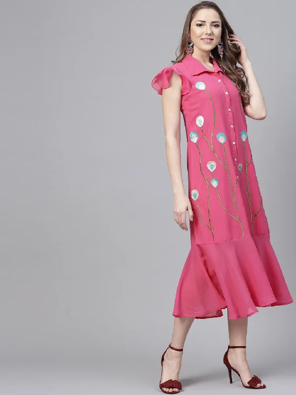 Women's Georgette Pink Embroidered A-Line Dress  - BitterLime