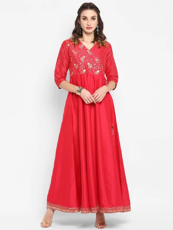 Women Pink Silk Anarkali Dress by Janasya (1 Pc Set)