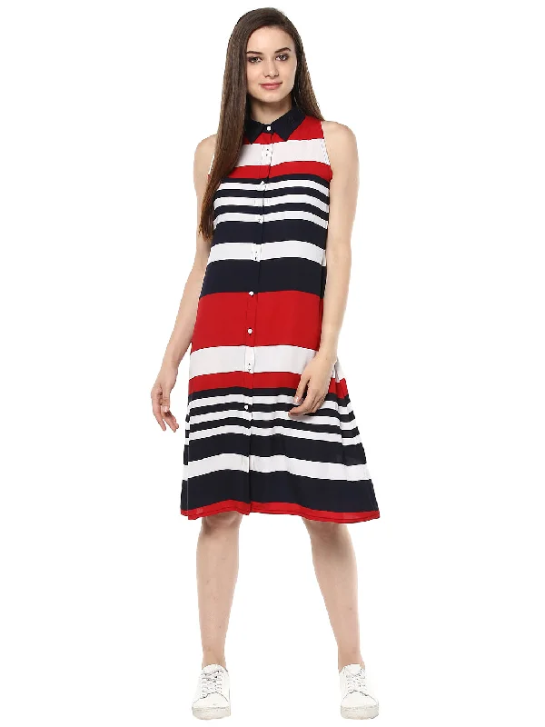 Women's Red and Navy Blue Stripe Dress - StyleStone