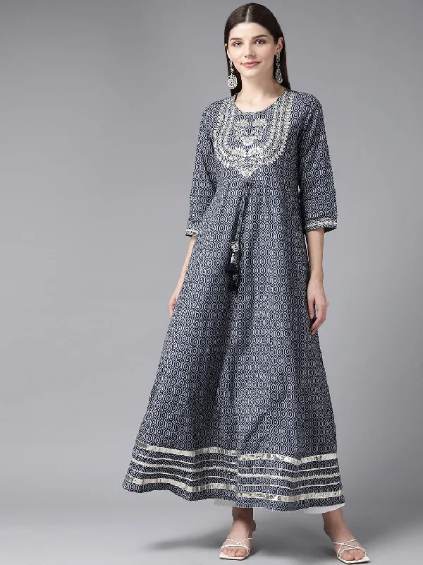 Women's Grey Geometric Printed Mirror Work Kurta - Yufta