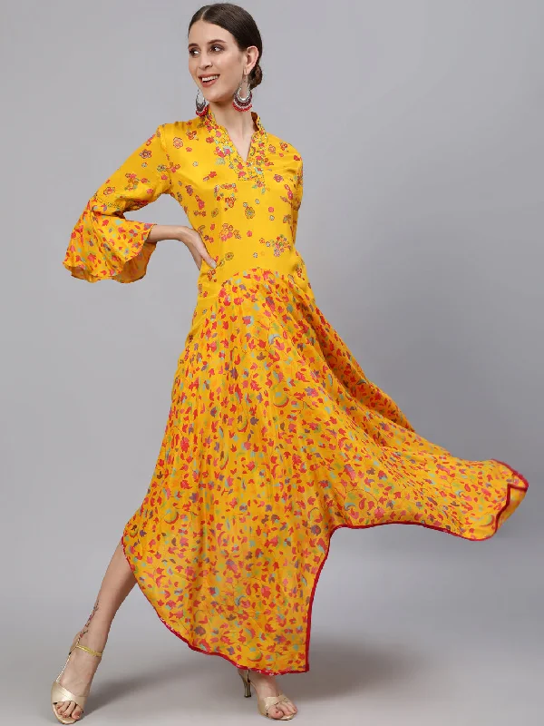 Women's Mustard Floral Asymmetric Dress - Ishin