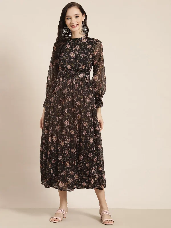 Women's Black Alphin Chiffon Flared Printed Dress With Tie-up Blet - Juniper