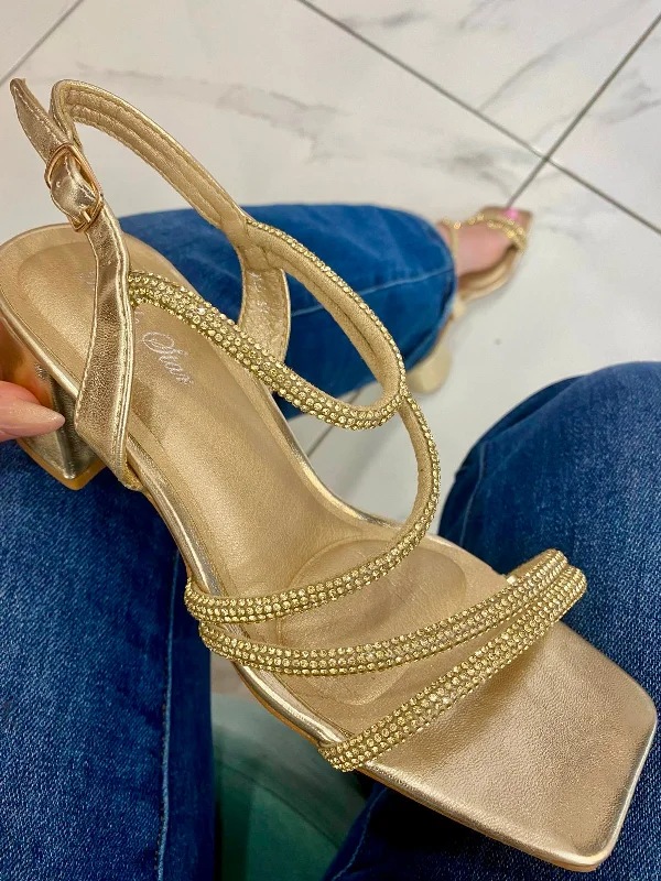 Liana Gold Crystal Block Heel Sandal