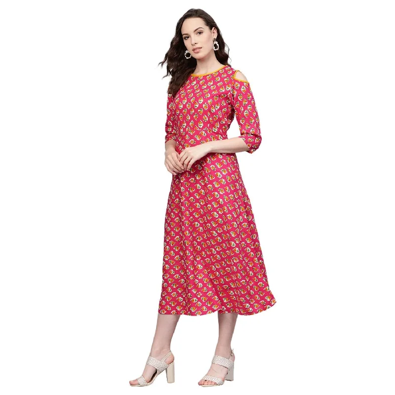 Women's Pink Rayon Printed 3/4 Sleeve Round Neck Casual Dress - Myshka