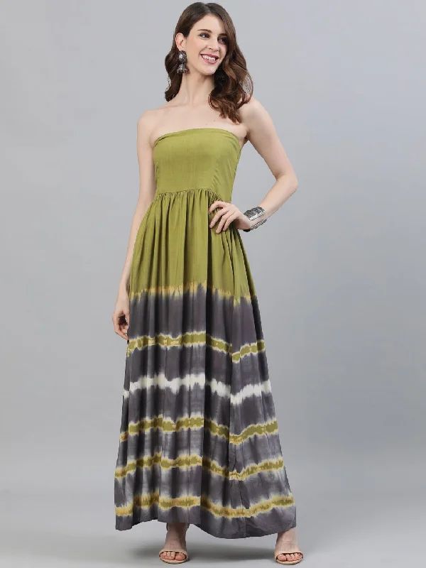 Women's Olive & Grey Tie and Dye Printed Flared Maxi - AKS