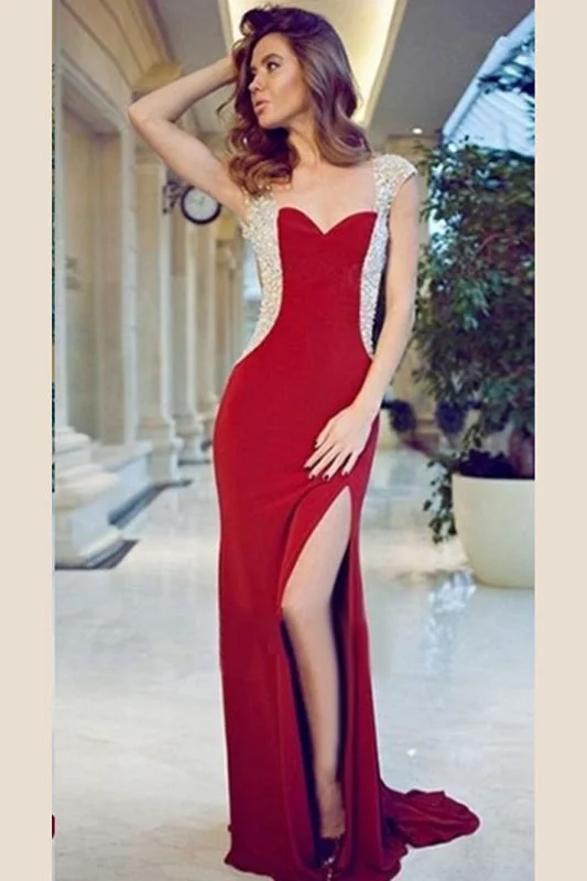 Sheath Red Cap Sleeve Sweetheart Front Slit Long Prom Dress With Rhinestone OK754