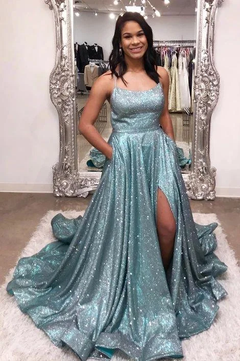 Shinning Prom Dress with Slit Evening Dress Formal Dress Graduation School Party Gown OK1049