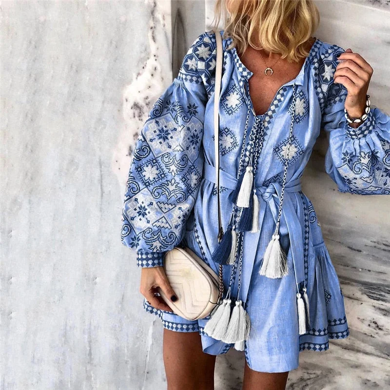 Sixsr Tassel Sashes Mini Dresses Women Summer Autumn Sexy V-Neck Boho Dress New Bohemian Floral Printed Beach Dress Vestidos