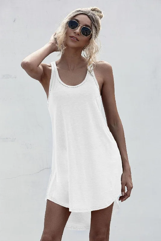 Solid Casual O-neck Sleeveless Tank Dress Women Loose Off Shoulder Asymmetrical Cotton Mini Dress