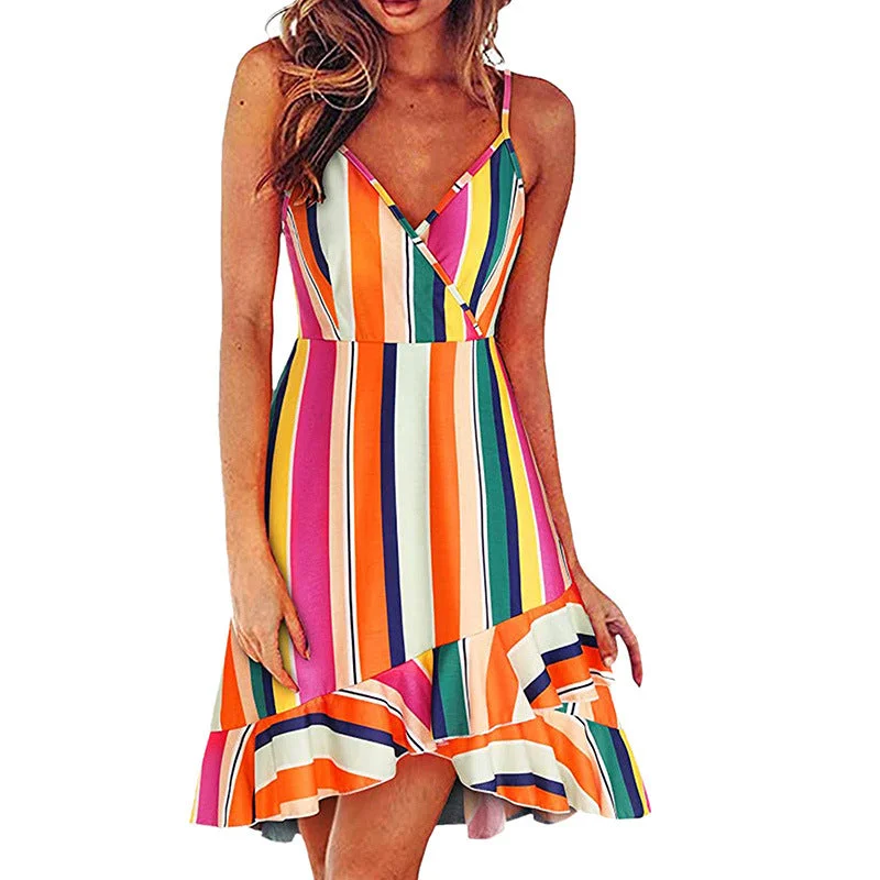 Striped Belted Cami Dress, Random Print Sleeveless Casual Dress For Summer & Spring, Women's Clothing