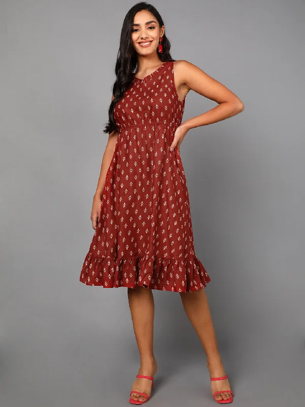 Women's Red Cotton Ethnic Motifs Printed Dress  - Ahika