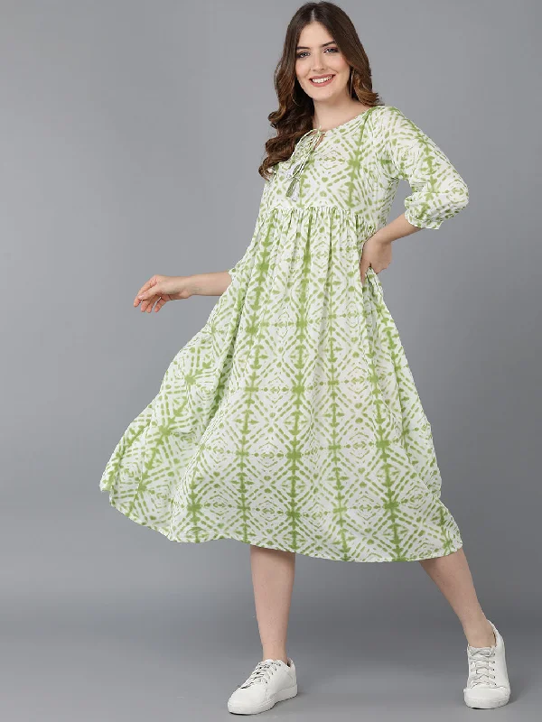 Women's Green Cotton Tie And Dye Printed Dress  - Ahika